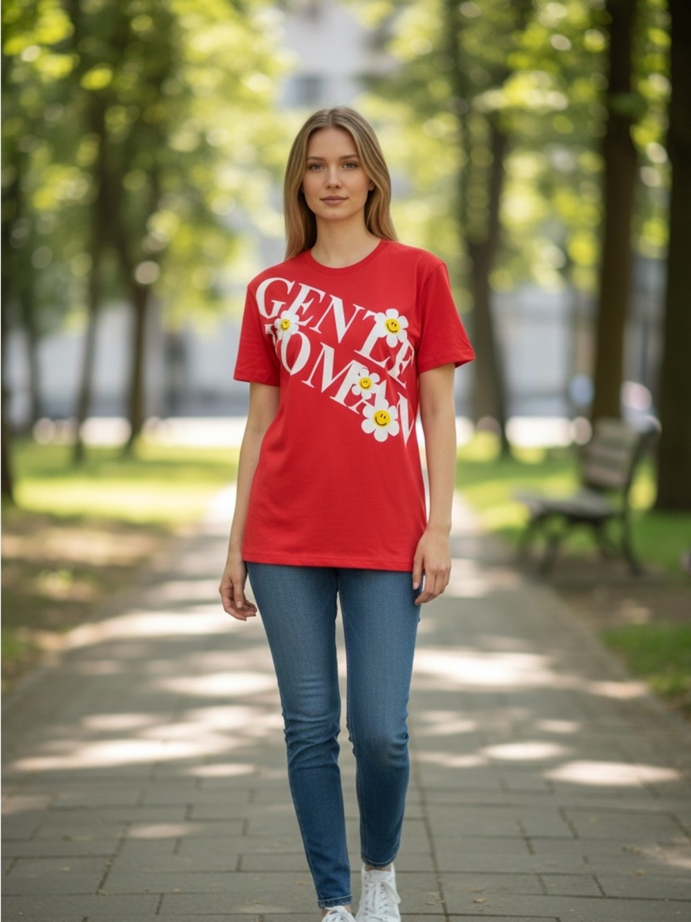 Red Graphic Daisy Tee - new with tag Pit